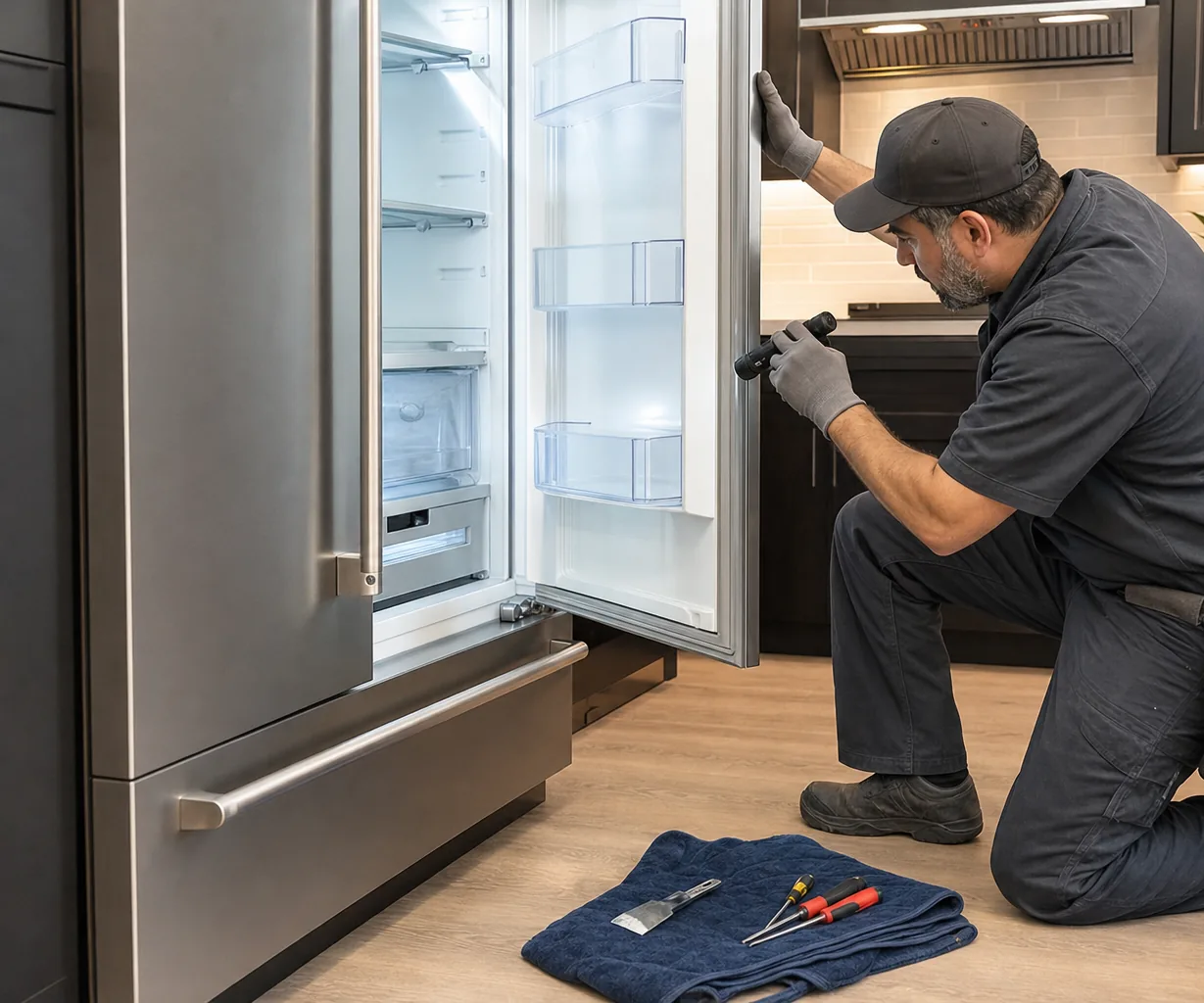 Technician repairing a built-in refrigerator in a Stamford kitchen