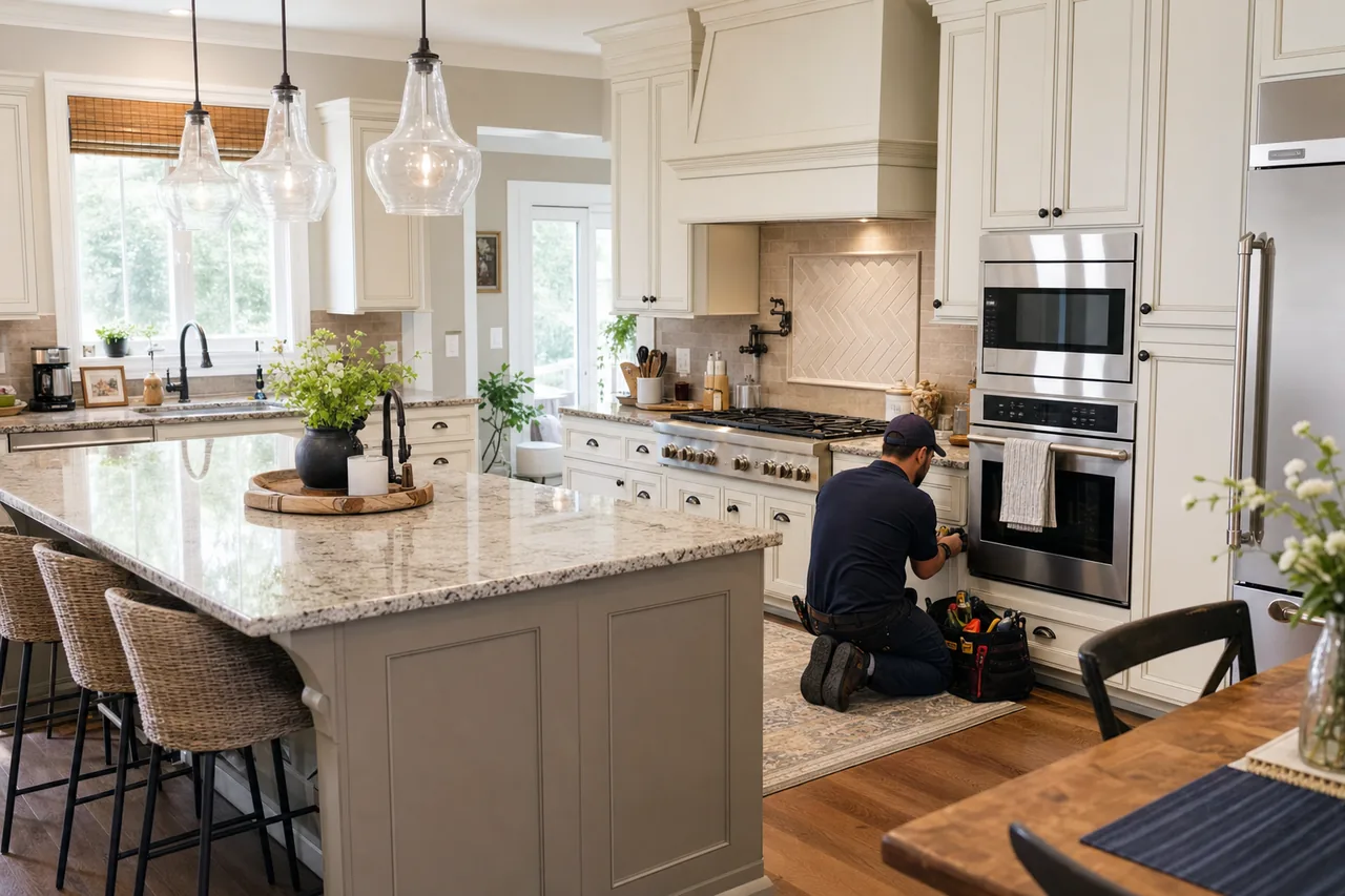 A luxury kitchen with built-in stainless appliances in a Stamford kitchen
