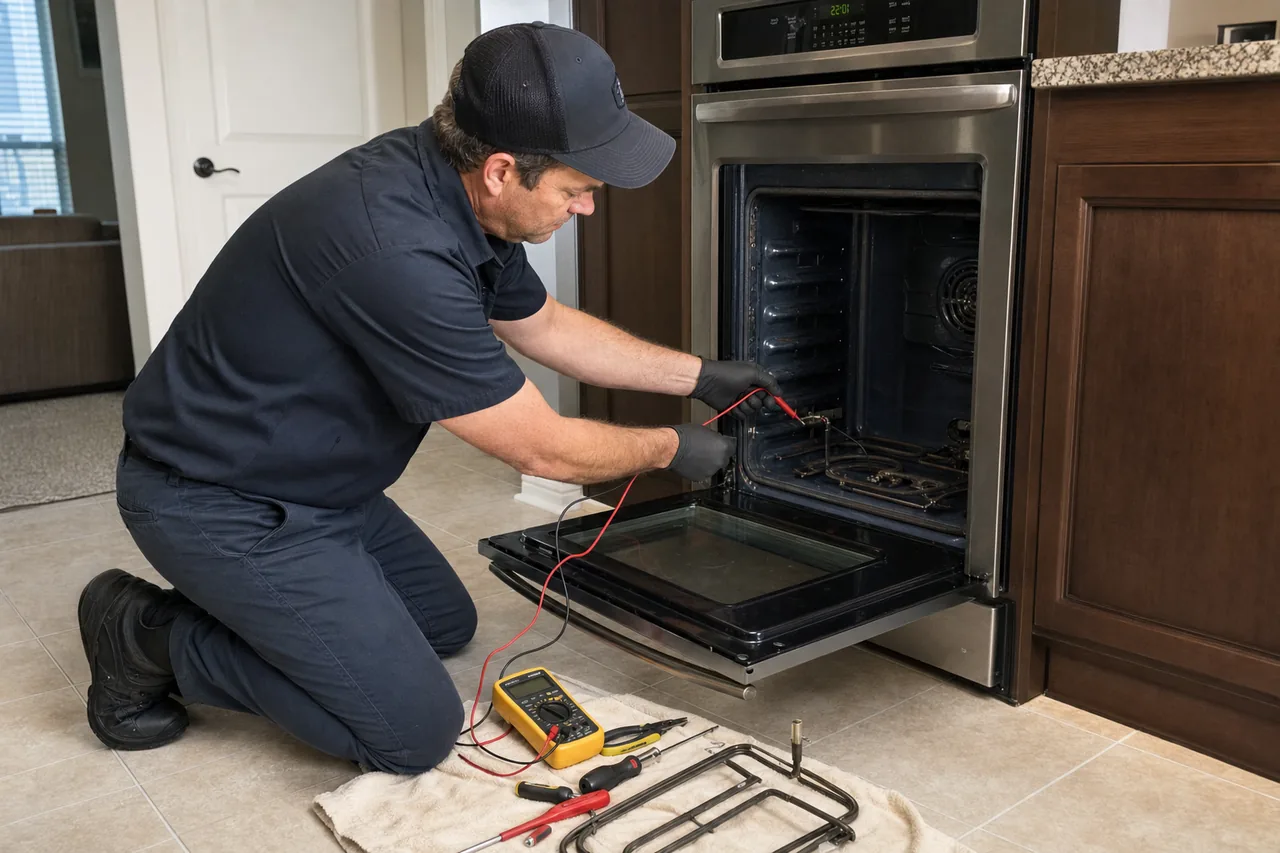 Technician servicing a built-in wall oven in a Stamford kitchen