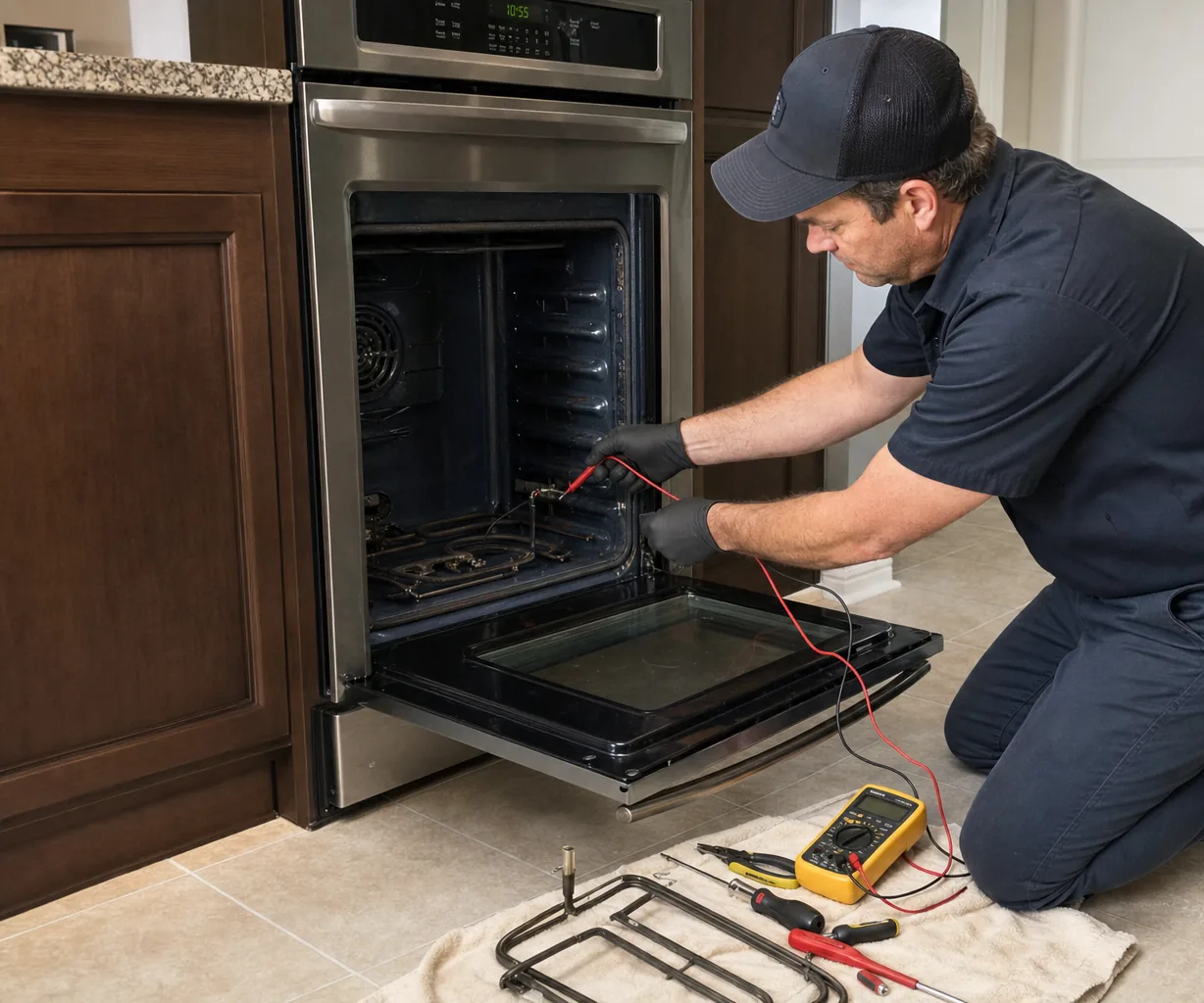 Technician servicing a built-in wall oven up close